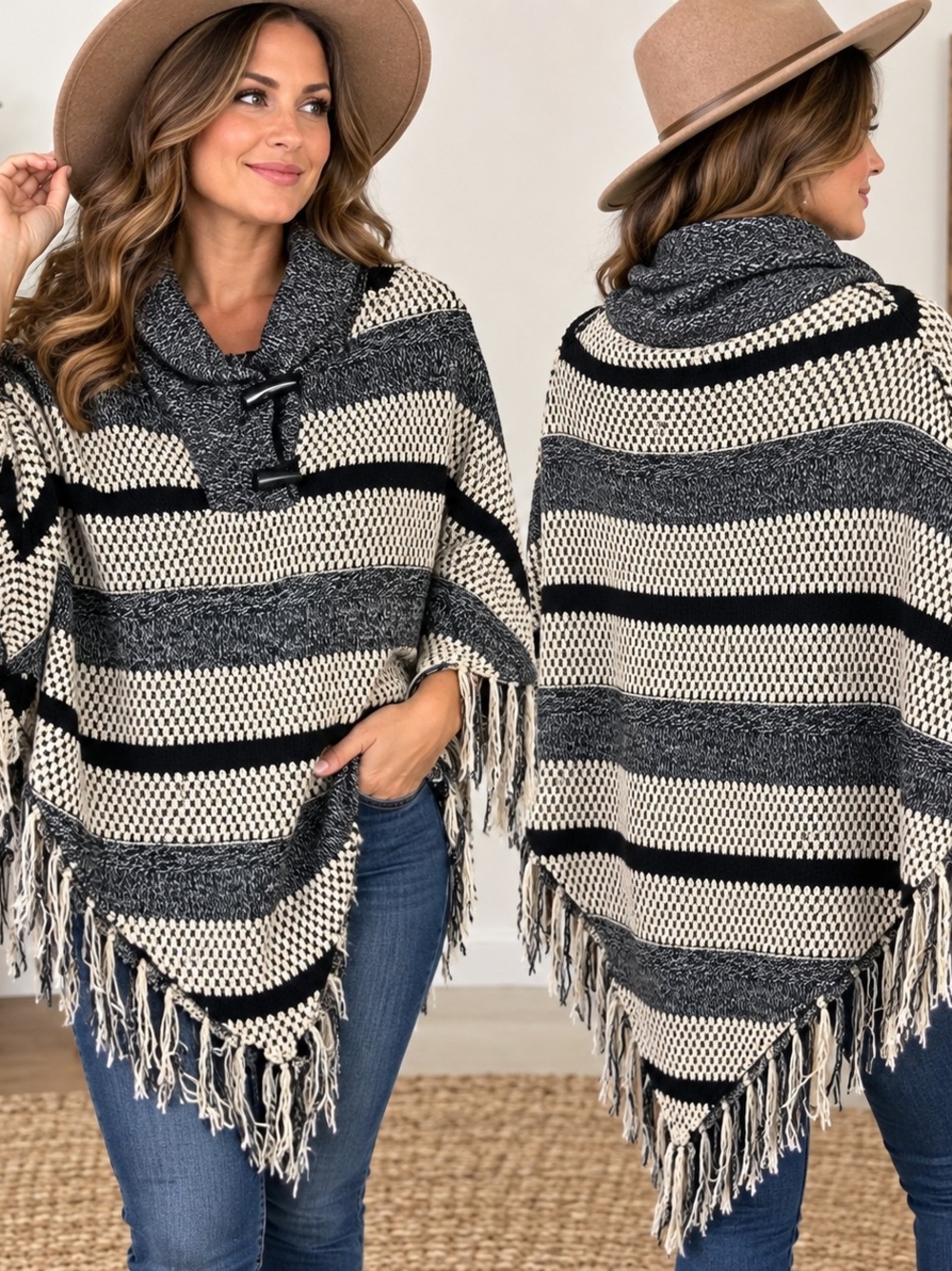 Frazzle One Size Black Cream Stripe Fringe Poncho Contemporary Casual Boho Weste
